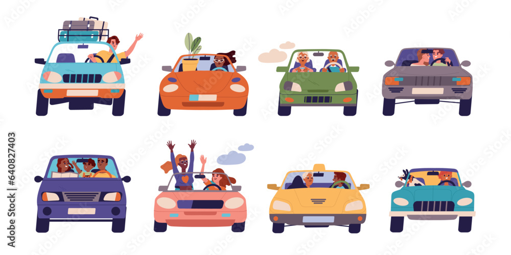 People drive car set. Smiling characters on vehicle journey. Trip, road and transport. Couple and family with kid, man with dog and elderly driving. Cartoon flat vector isolated on white background People drive car set. Smiling characters on vehicle journey. Trip, road and transport. Couple and family with kid, man with dog and elderly driving. Cartoon flat vector isolated on white background