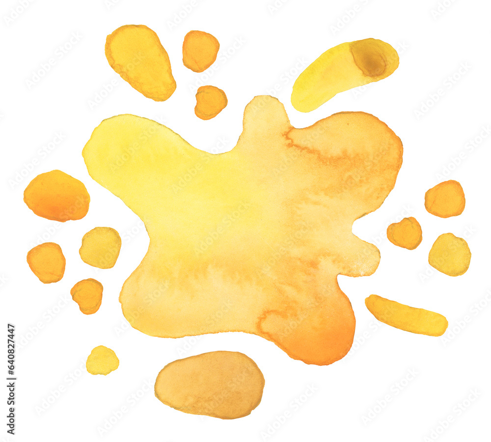 PNG Ink watercolor hand drawn blots elements. Wet yellow color texture stain on transparent background. Set.