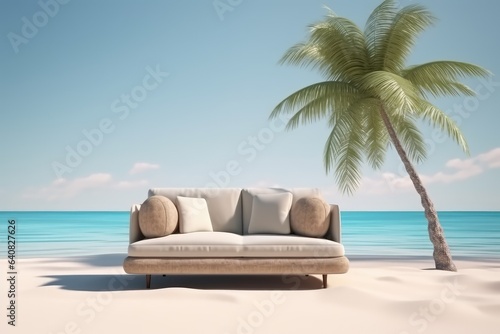 Sofa on sand beach with palm. Concept for vacation © GalleryGlider