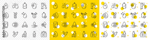 Set of Bottle, Antibacterial filter and Tap water linear icons. Water drop line icons. Bacteria, Cooler and Refill barrel bottle. Liquid drop, antibacterial cleaner and drink machine, tap. Vector