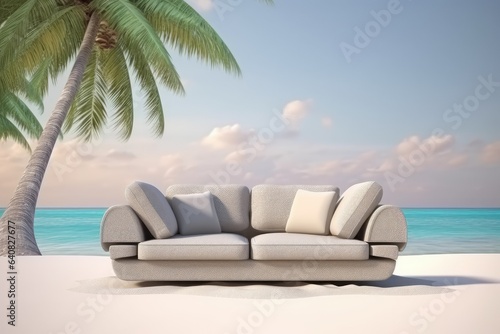 Sofa on sand beach with palm. Concept for vacation