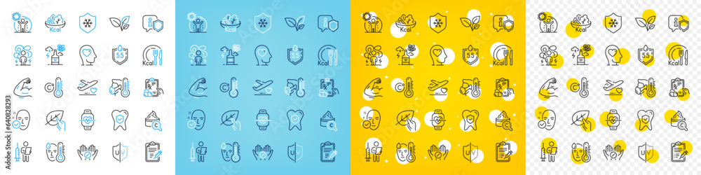 Vector icons set of Organic tested, Strong arm and Cardio training line icons pack for web with Calories, Coronavirus protection, Difficult stress outline icon. Clean skin, Sick man. Vector