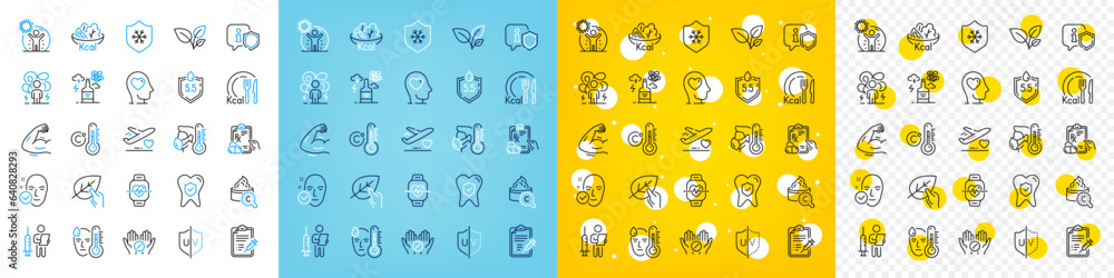 Vector icons set of Organic tested, Strong arm and Cardio training line icons pack for web with Calories, Coronavirus protection, Difficult stress outline icon. Clean skin, Sick man. Vector Vector icons set of Organic tested, Strong arm and Cardio training line icons pack for web with Calories, Coronavirus protection, Difficult stress outline icon. Clean skin, Sick man. Vector