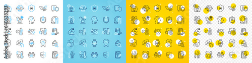 Vector icons set of Organic tested  Strong arm and Cardio training line icons pack for web with Calories  Coronavirus protection  Difficult stress outline icon. Clean skin  Sick man. Vector