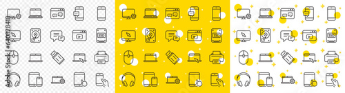Laptop, Tablet PC and Smartphone icons. Mobile device line icons. HDD, SSD and Flash drive. Headphones, Printer and tablet device. Mouse, ssd disk, mobile laptop. Memory hdd drive. Vector