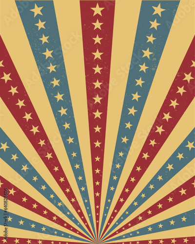 Retro background with rays or stripes with stars. grunge texture sunburst or solar burst retro background. Red colors. Vector illustration