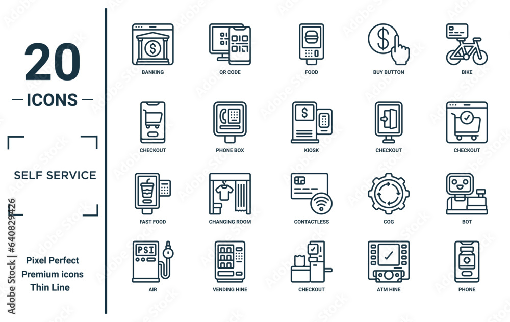 self service linear icon set. includes thin line banking, checkout ...