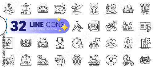 Outline set of Diploma, Leadership and Timer line icons for web with Reward, Cardio bike, Quiz thin icon. Fitness, Winner, Success pictogram icon. Arena stadium, Yoga, Boat fishing. Vector