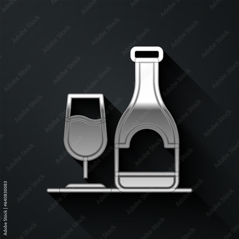Silver Wine bottle with glass icon isolated on black background. Long shadow style. Vector Silver Wine bottle with glass icon isolated on black background. Long shadow style. Vector