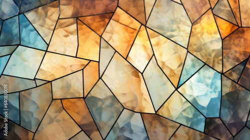 Lead glass window shiny background with yellow, orange, red and blue triangles created with Generative AI