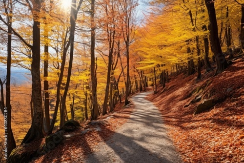 Colorful trees and footpath road in autumn park