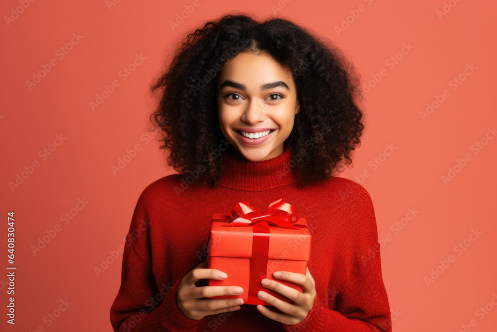 Wrapped in happiness a young woman presents a charming gift box embodying thoughtful generosity. Wrapped in happiness a young woman presents a charming gift box embodying thoughtful generosity.