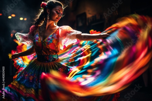 Tela Beautiful young woman in a colorful dress dancing flamenco