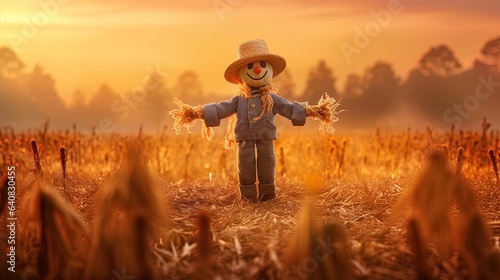 Fotografia Scarecrow, hay man standing in an autumnal, foggy  field, booh! Scaring you