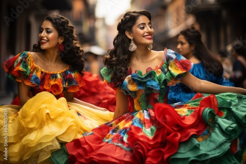 Beautiful young woman in a colorful dress dancing flamenco