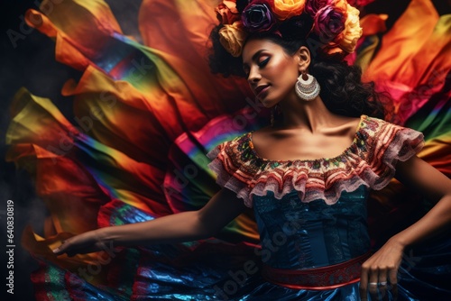 Beautiful young woman in a colorful dress dancing flamenco