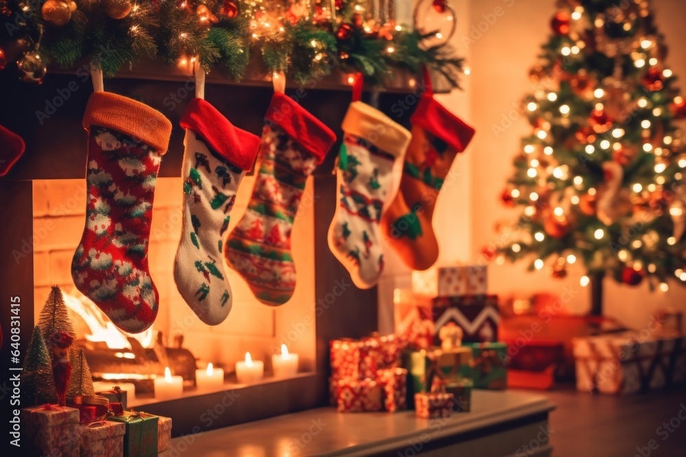 christmas socks hanging on the fireplace, gifts and a garlanded tree.family holiday and gifts
