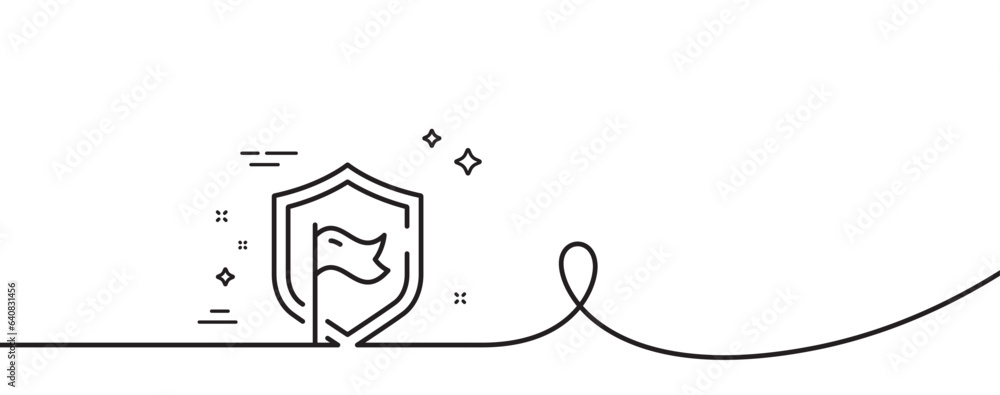 Shield line icon. Continuous one line with curl. Privacy secure sign. Safe defense symbol. Shield single outline ribbon. Loop curve pattern. Vector Shield line icon. Continuous one line with curl. Privacy secure sign. Safe defense symbol. Shield single outline ribbon. Loop curve pattern. Vector