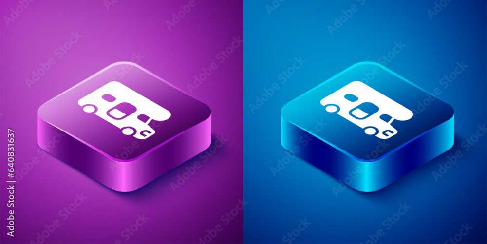 Isometric RV motorhome vehicle icon isolated on blue and purple background. Camper mobile home, mobile home for summer trip. Square button. Vector Isometric RV motorhome vehicle icon isolated on blue and purple background. Camper mobile home, mobile home for summer trip. Square button. Vector
