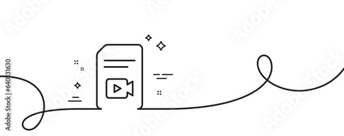 Document with Video content line icon. Continuous one line with curl. Vlog File with Camera sign. Paper page concept symbol. Video file single outline ribbon. Loop curve pattern. Vector