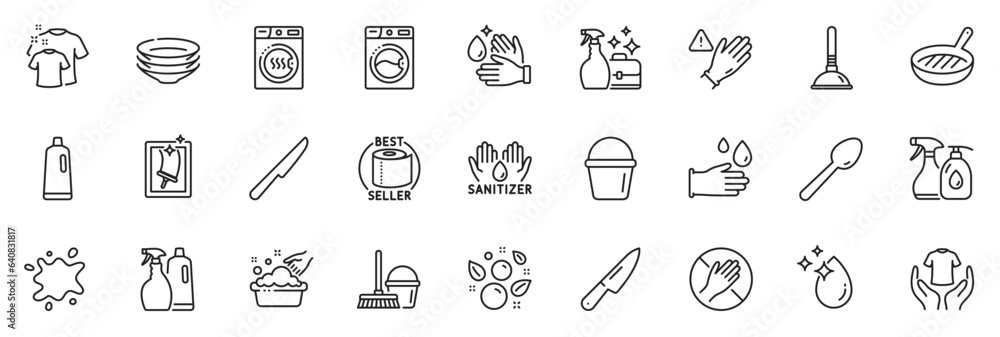 Icons pack as Plunger, Hand washing and Table knife line icons for app include Bucket, Wash hands, Toilet paper outline thin icon web set. Washing machine, Dishes, Shampoo and spray pictogram. Vector