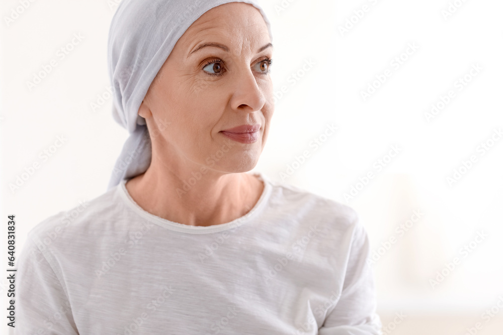 Mature woman after chemotherapy in clinic, closeup Mature woman after chemotherapy in clinic, closeup