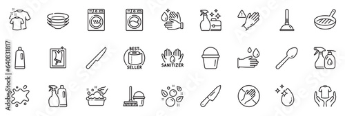 Valokuva Icons pack as Plunger, Hand washing and Table knife line icons for app include Bucket, Wash hands, Toilet paper outline thin icon web set