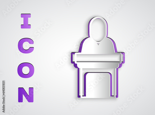 Paper cut Church pastor preaching icon isolated on grey background. Paper art style. Vector