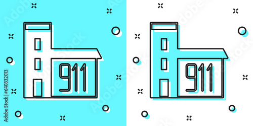 Black line Building of fire station icon isolated on green and white background. Fire department building. Random dynamic shapes. Vector