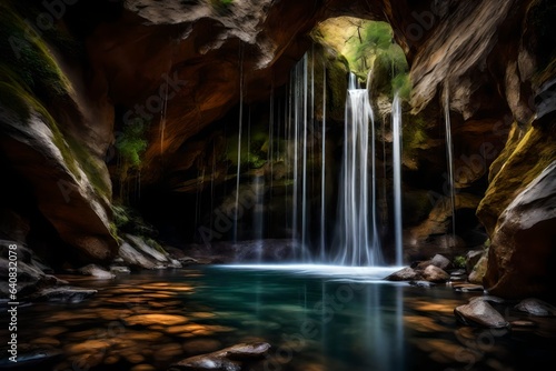 A hidden waterfall cascading into a hidden alcove within a canyon. 