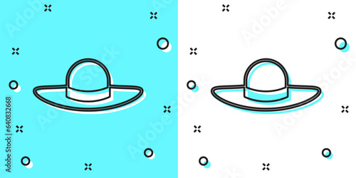 Black line Elegant women hat icon isolated on green and white background. Random dynamic shapes. Vector