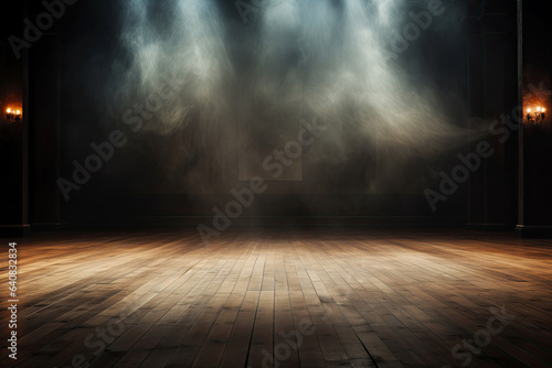 Empty Room Illuminated by Spotlights and Side Lights with Smoke Float Up on Dark Background