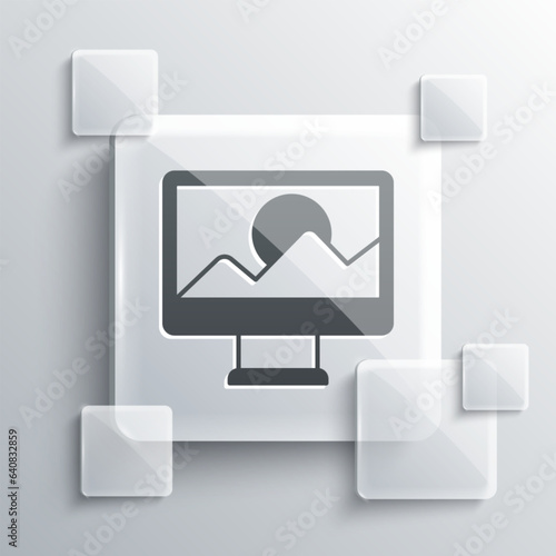 Grey Photo retouching icon isolated on grey background. Photographer, photography, retouch icon. Square glass panels. Vector