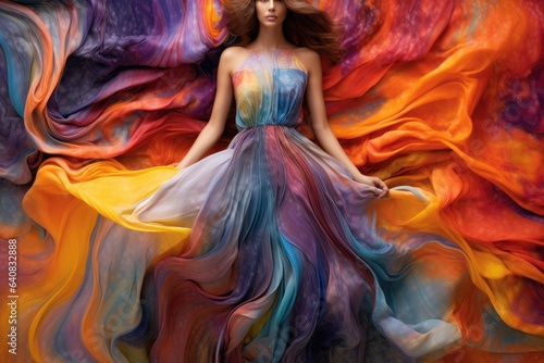 Multi-colored dress made of liquid paints. Generative AI