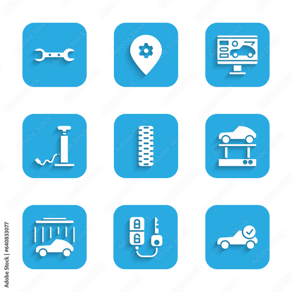 Set Car tire wheel, key with remote, Auto service check automotive, Repair car on lift, wash, pump, Diagnostics condition of and Wrench spanner icon. Vector Set Car tire wheel, key with remote, Auto service check automotive, Repair car on lift, wash, pump, Diagnostics condition of and Wrench spanner icon. Vector