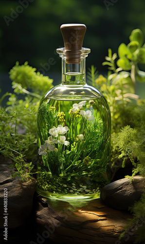 Bottles with oil, herbs on a table on a dark background.