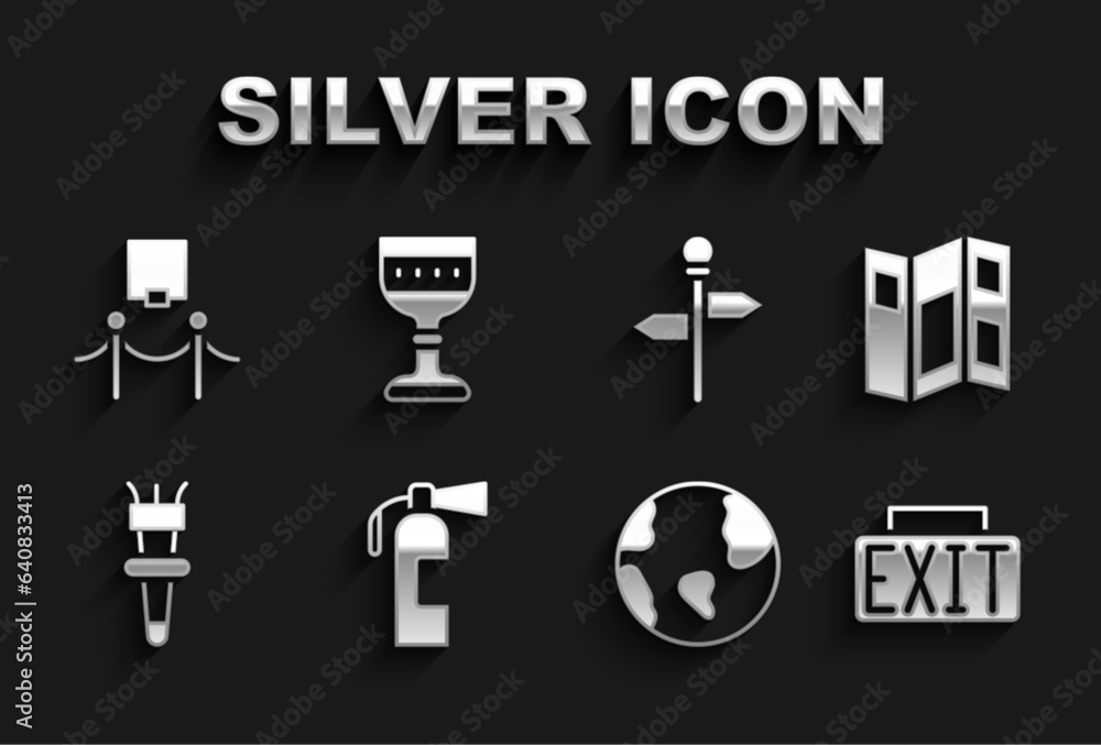 Set Fire extinguisher, Museum guide brochure, Exit sign, Earth globe, Torch flame, Road traffic signpost, Picture and rope barrier and Medieval goblet icon. Vector Set Fire extinguisher, Museum guide brochure, Exit sign, Earth globe, Torch flame, Road traffic signpost, Picture and rope barrier and Medieval goblet icon. Vector