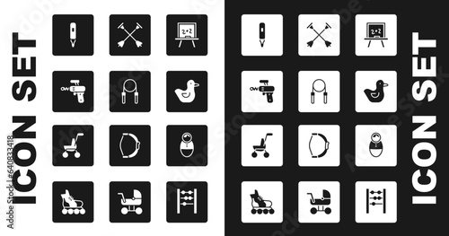 Set Chalkboard, Jump rope, Ray gun, Marker pen, Rubber duck, Arrow with sucker tip, Tumbler doll toy and Baby stroller icon. Vector
