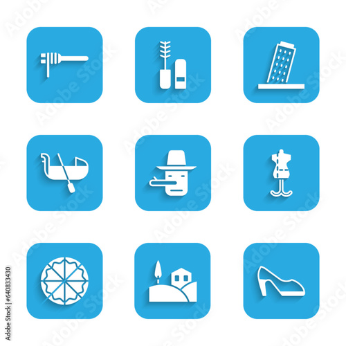 Set Pinocchio, Village landscape, Woman shoe, Mannequin, Pizza, Gondola, Tower Pisa and Pasta spaghetti icon. Vector