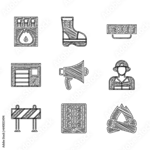Set Megaphone, Evacuation plan, Campfire, Firefighter, Road barrier, Building of station, exit and Matchbox and matches icon. Vector