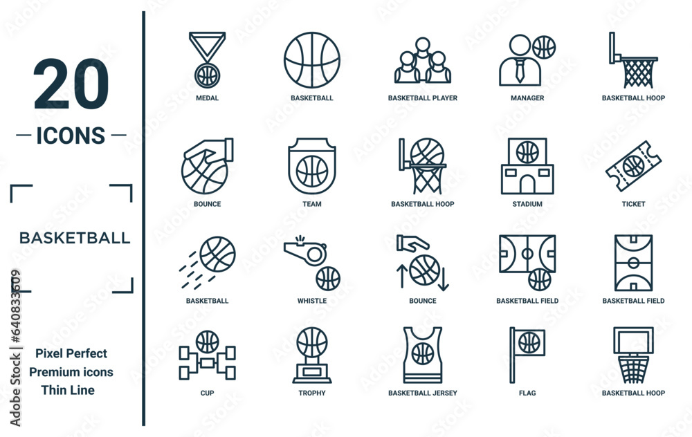 basketball linear icon set. includes thin line medal, bounce