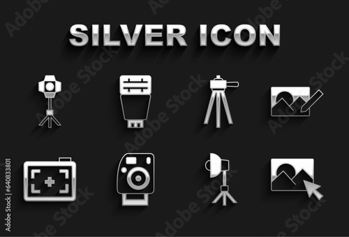 Set Photo camera, retouching, Softbox light, Tripod, and flash icon. Vector