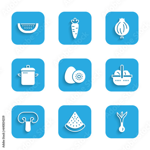 Set Kiwi fruit, Watermelon, Onion, Basket and food, Mushroom, Cooking pot, Garlic and icon. Vector
