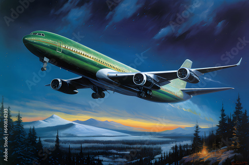 Airplane in the night sky flying over the northern landscape with mountains and forest. The concept of travel, vacation, trip far away, illustration.