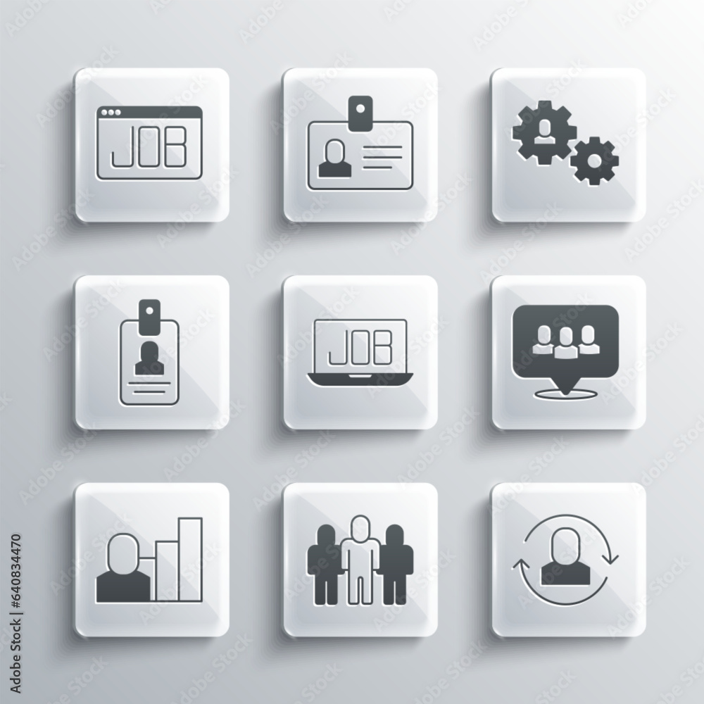 Set Project team base, Exchange work, Search job, Productive human, Identification badge, and Human with gear icon. Vector Set Project team base, Exchange work, Search job, Productive human, Identification badge, and Human with gear icon. Vector