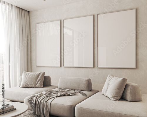 Contemporary classic white beige livingroom interior with three picture frame and decor. Empty stucco wall mockup. 3d rendering. High quality 3d illustration