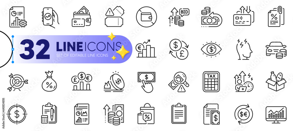 Outline set of Sale bags, Clipboard and Card line icons for web with Inflation, Fraud, Report thin icon. Statistics, Business vision, Buy car pictogram icon. Wallet, Payment, Gas price. Vector