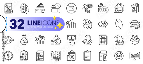 Outline set of Sale bags, Clipboard and Card line icons for web with Inflation, Fraud, Report thin icon. Statistics, Business vision, Buy car pictogram icon. Wallet, Payment, Gas price. Vector