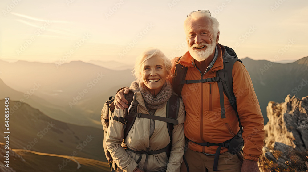 Happy active seniors having fun at the top of the mountain. Сouple of mature people enjoying and having fun in vacations. traveling lifestyle - obrazy, fototapety, plakaty 