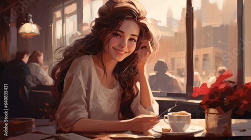 Beautiful cute girl in the cafe near the window with coffee smiling